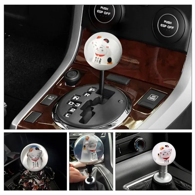 Lucky Cat Gear Shift Knob Acrylic Crystal Ball Stick Shift Heads Replacement Shifter With M8 M10 M12 Adapter