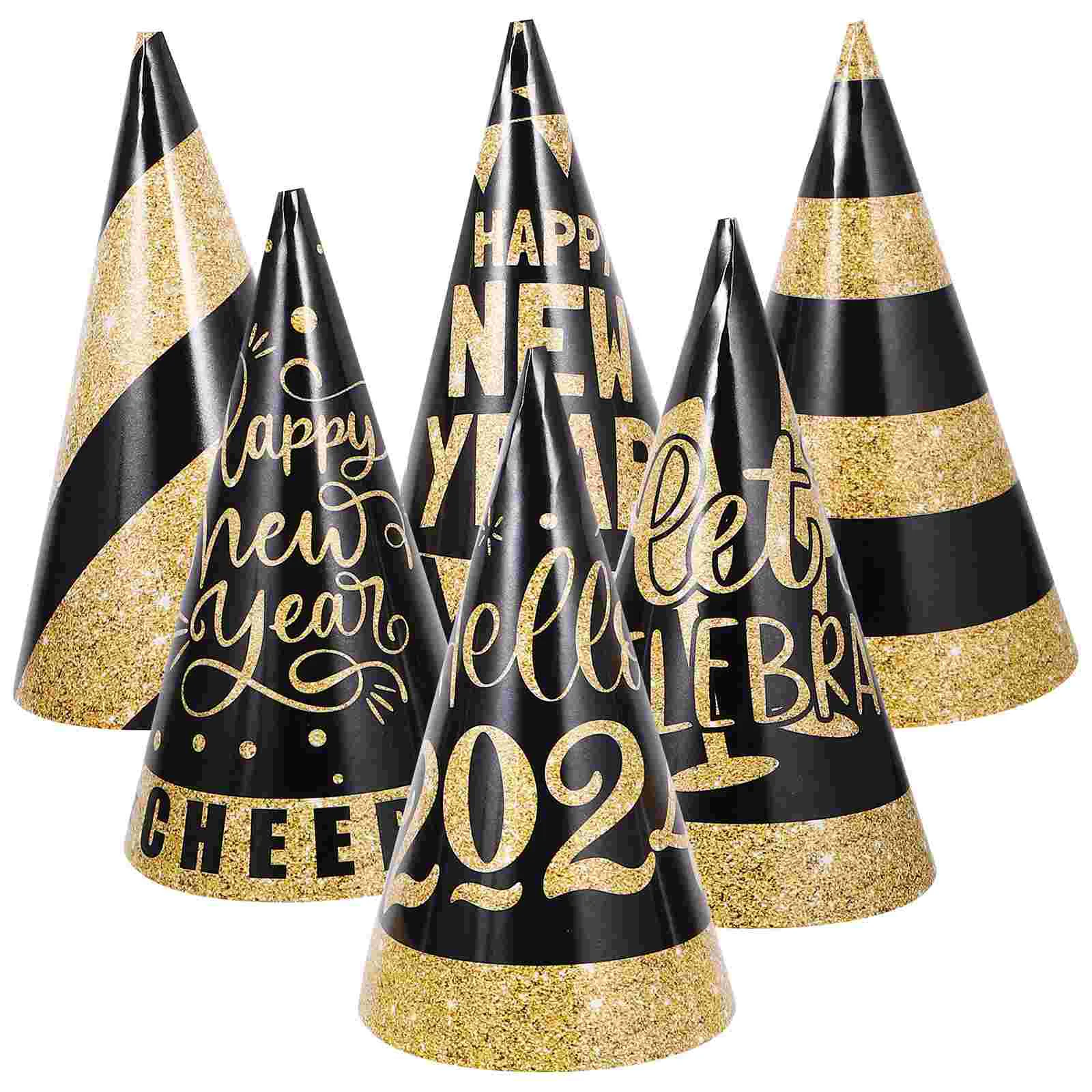 6 Pcs New Years Eve Hat Year's Party Dress Up Black Gold Paper Photo (New Type B) 6pcs Supplies Hats for Adults Child