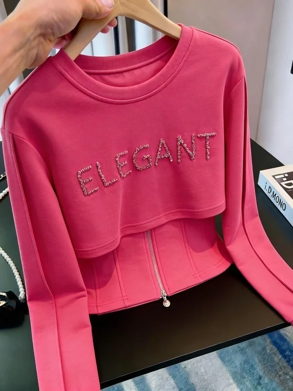 

Spring 2026 New Sle Sweatirt round Ne Knitted Zipper Hoodie Casual Loose Fit Youthful Looking Long Sve ort Length