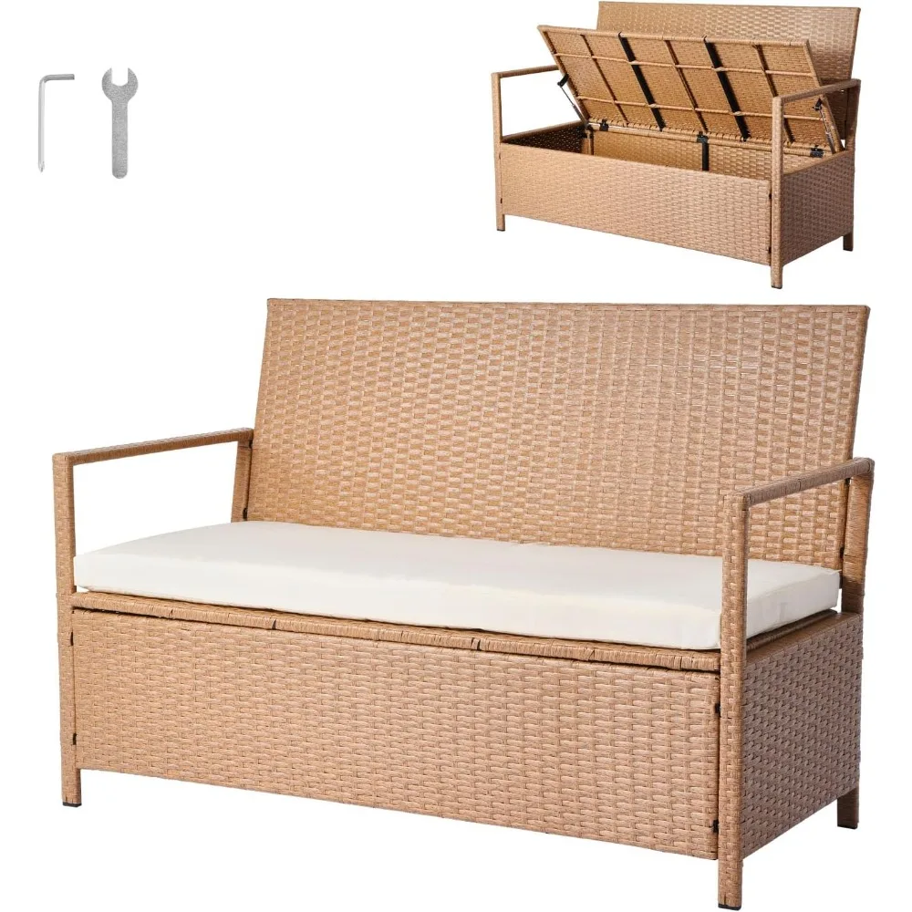 

Outdoor Storage Bench, 2-Person PE Rattan Storage Bench, 70 Gal Deck Box with Cushion, Supports up to 265 lbs, Weatherproof Out