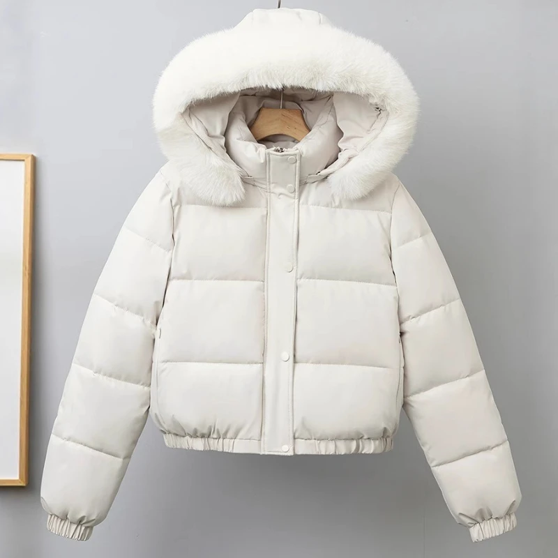 Winter Women's Fashion Fur Collar Parkas Hooded Jacket Ladies Vintage Short Warm Puffer Coat Loose Female Outerwear Clothing