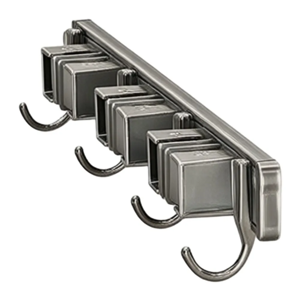 Mop and Broom Wall Holder with Reinforced Clips and Adjustable Slide Rail for Vertical Tool Storage No Drill Needed