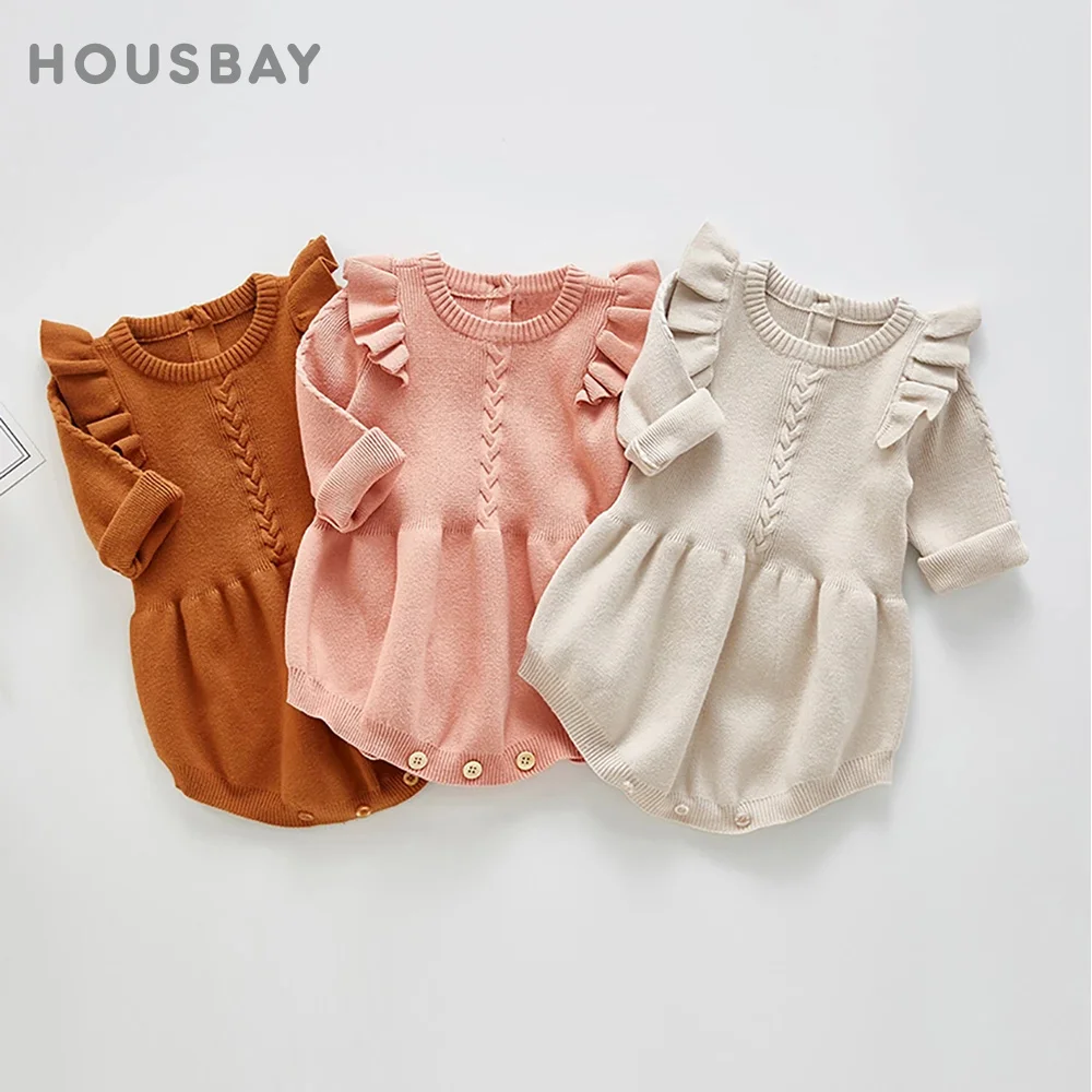 Baby Body Long Sleeve Jumpsuit Spring Autumn Knitted Wheat Ears Girls Outfit Baby Ruffle Bodysuit Brown Pink Soft Sweater Romper