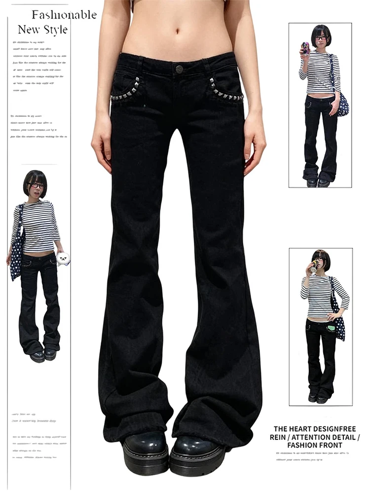 American Y2K Retro Women's Low Waist Jeans Rivet Black Flared Denim Pants Korean Cyber Girls Punk Trumpet Bootcut Trousers