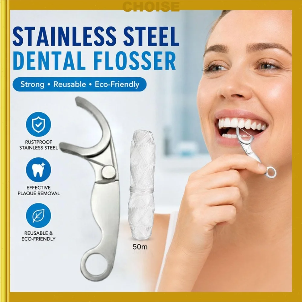 Reusable Stainless Steel Toothpick Set Tartar Removal Tool Floss Stick Fresh Breath Dental Flosser Durable with 50m Dental Floss