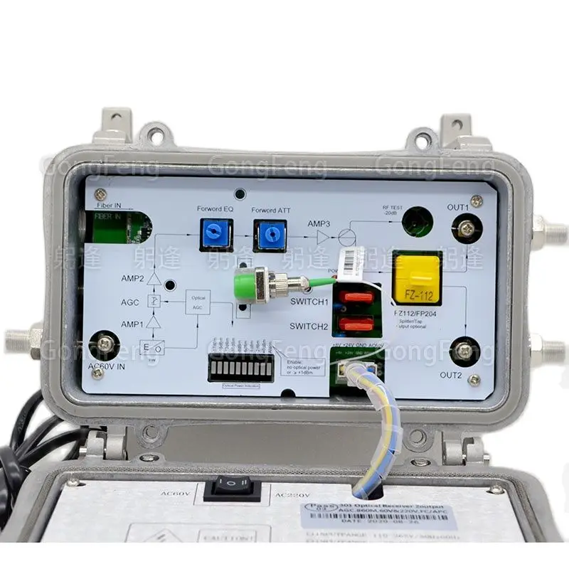 IP66 กลางแจ้ง FTTH CATV Optical Receiver AGC Auto Gain Control 860MHz Dual-Power AC60V/220V SC/FC พอร์ต 2-Way Output ขายส่ง