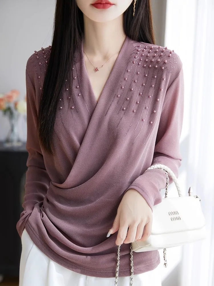 

Faionable Me Long Sve Base T-irt V-Ne Heavy Embelliment Folded Hem Slimming Meat Covering Underwear Top