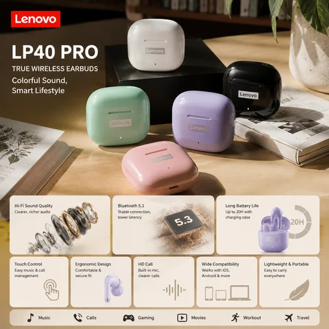 Original Lenovo LP40 Pro Active Noise Reduction Game, Sports, Outdoor, True Wireless, Bluetooth Headset 2026 Fashion, NEW, Gifts