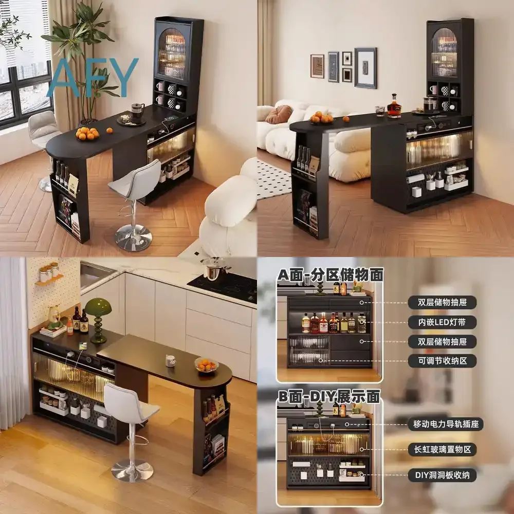 Vintage American Style Extendable Bar Table for Living Room Sofa Side Multi Functional Room Divider Cabinet for Small