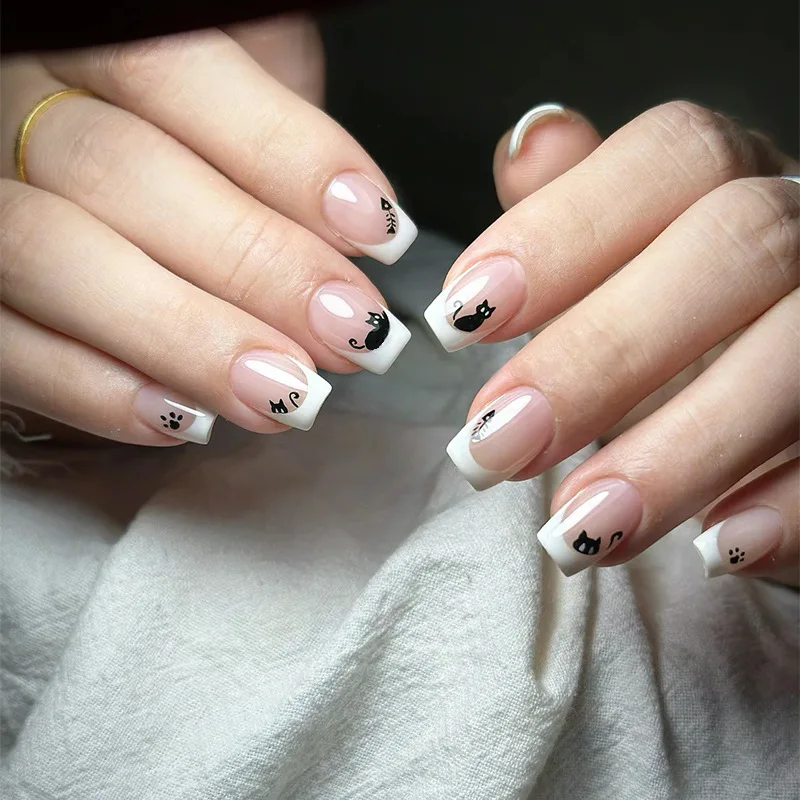 Faux ongles courts et moyens pour femmes et filles, brillants, forme carrée, style ballet, style français, motif chat noir ou rayures, à presser