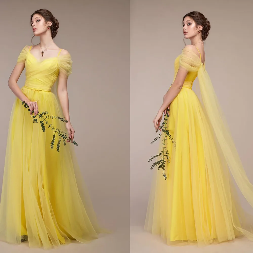 Vestido de dama de honra amarelo para festa de casamento, Fora do ombro, Cap Sleeve, Long A-Line, V-Neck Tulle, Maid of Honor Cocktail Dress