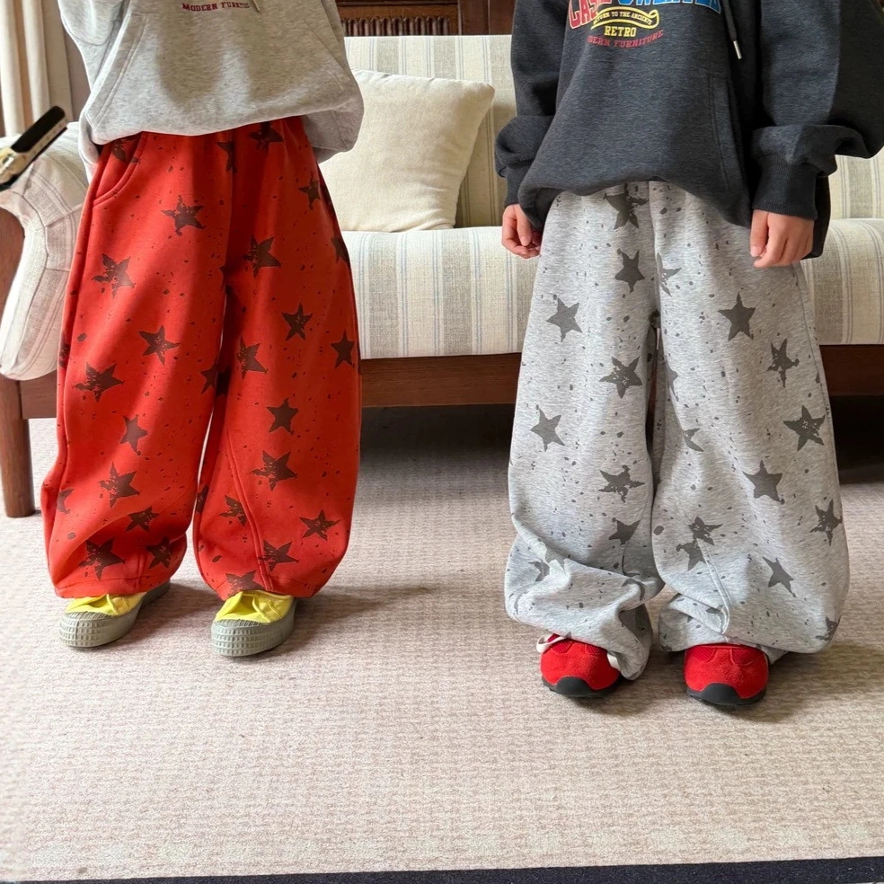 Pants 2026 Spring and Autumn New Childrens Clothing Korean Boys and Girls Full Print Five-pointed Star Loose Wide-leg Pants