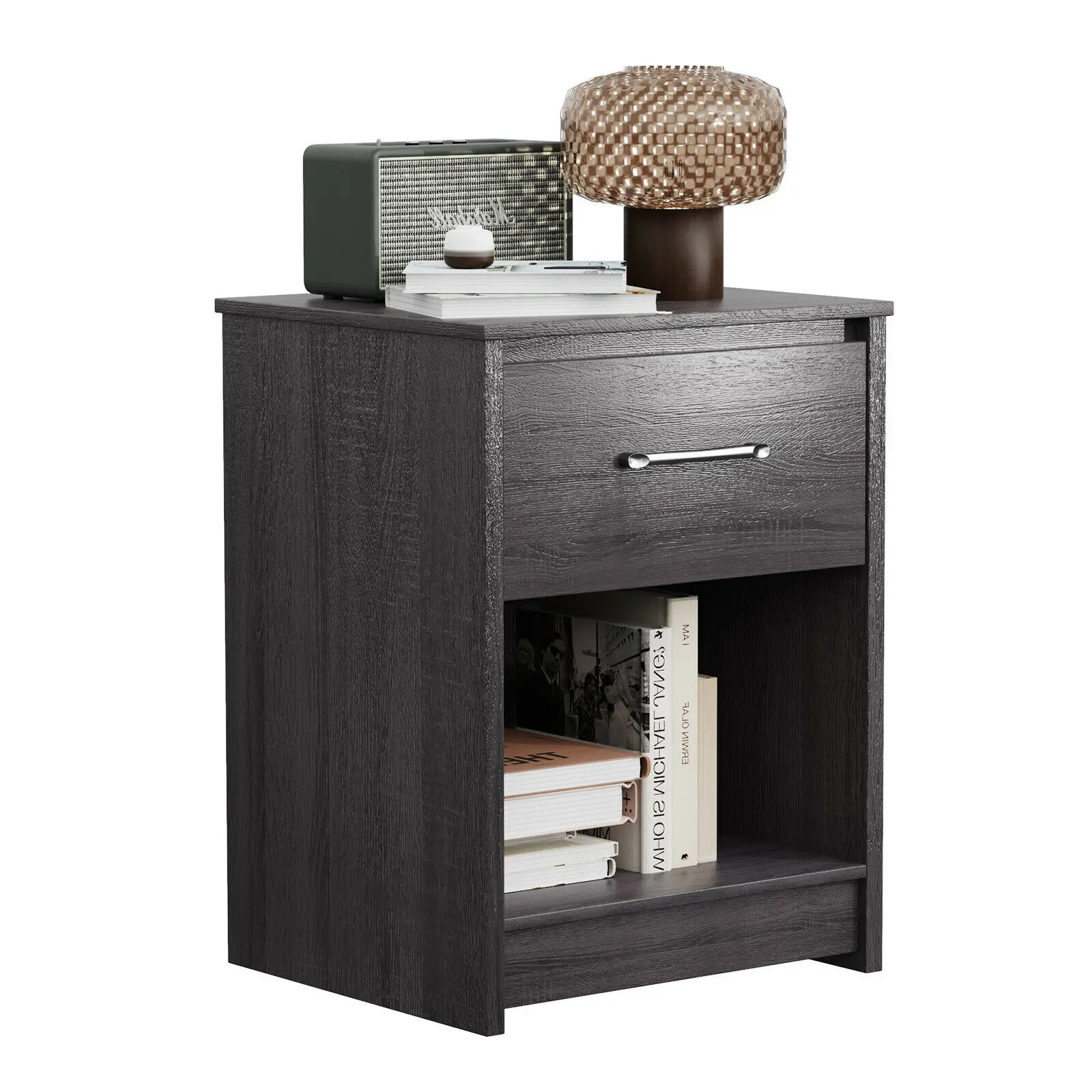 Nightstand with Drawer Storage Shelf Wooden End Side Table Bedroom Black