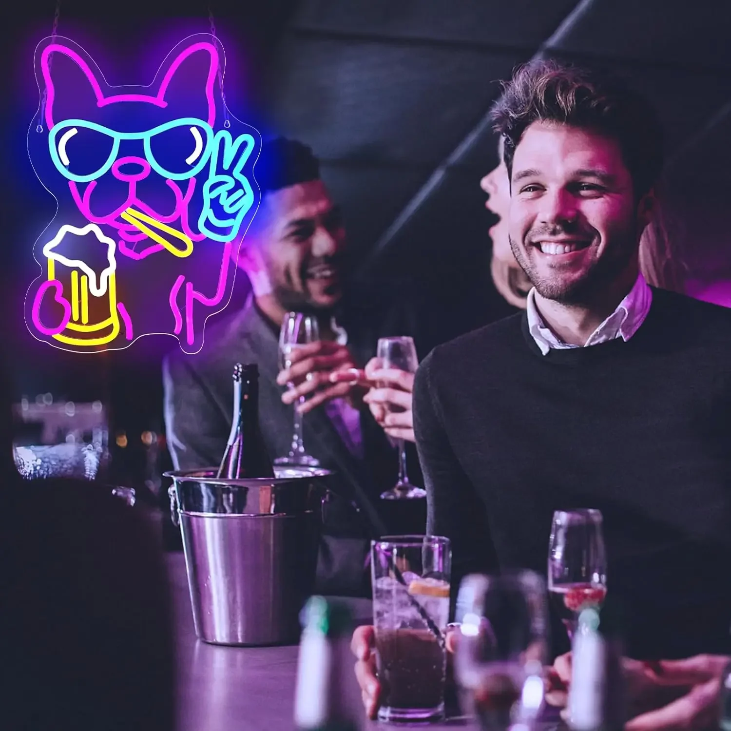 Dog Beer Neon Sign Dimmable French Bulldog LED Neon Light  for Bedroom Living Room Pet Shop Bar Birthday Party Decor Gifts