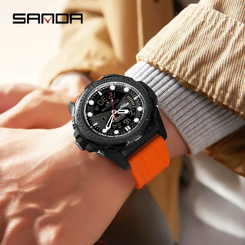 SANDA 3387 Fashion Electronic Watches for Man Calendar Alarm Clock Luminous Waterproof Outdoor Sports Men Digital Wristwatch