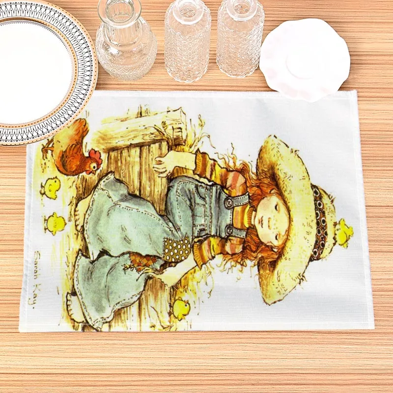 Sarah Kay Print Linen Dining Table Mats Kitchen Placemat 30X40cm Coasters Pads Bowl Cup Mat