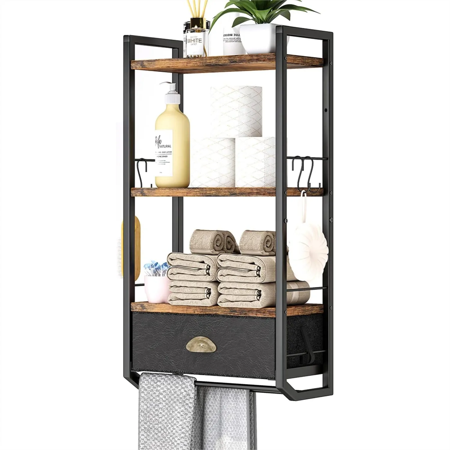 

Wall Mounted Bathroom Storage Organizer, 3 Tier Shelf with Drawer and Towel Bars
