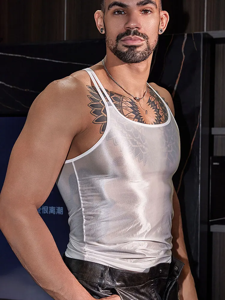 Sexy High Elastic Men's Vest Fashion Tank Tops Sheer Transparent Shaper Wear Sleeveless T-shirts Man Clothing Allure Cross Tops