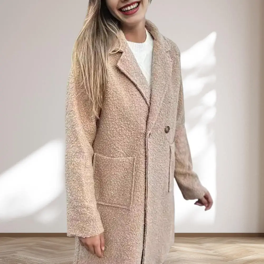 Lapel Design Coat Elegant Women's Fleece Jacket with Lapel Button Closure Fluffy Gown Coat for Office Parties Travel Mid-length