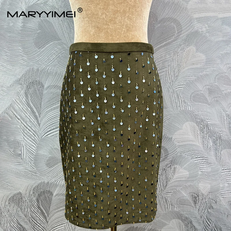 MARYYIMEI Solid Color Spliced ​​Sequined Skirt Waist Covering Hip Skirt 2026 Autumn Fashion Women's New Style