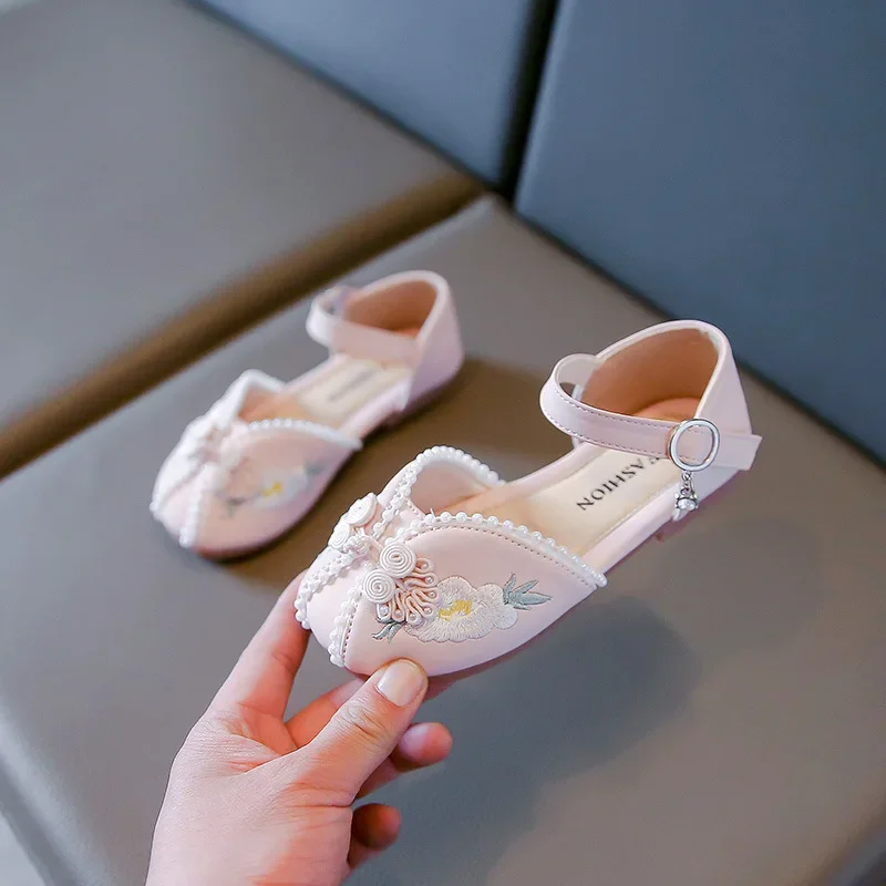 Girls Casual Flat Shoes Retro 2024 New Kids Embroidered Elegant Leather Shoes Children Sweet Princess Shoes for Party Wedding