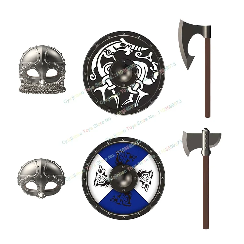 DM11+DM12 Soldats médiévaux avec haches, blocs de construction, figurines d'action, boucliers, accessoires, modèles, jouets de puzzle pour enfants, cadeaux