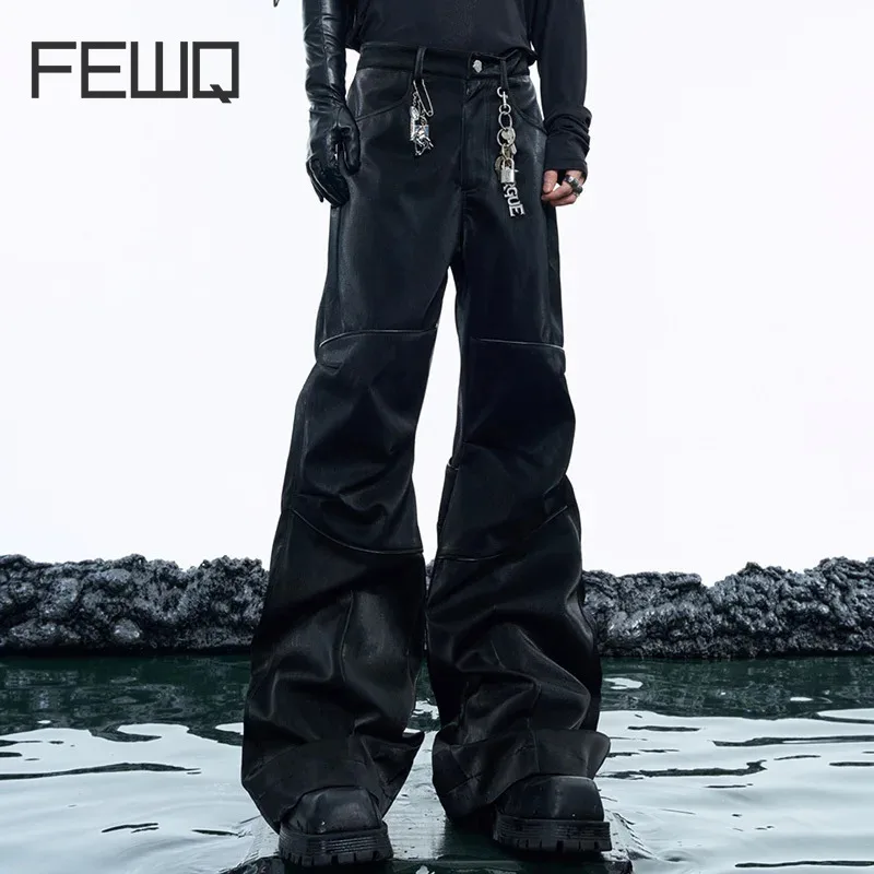 FEWQ Niche Pleated Design Straight Leg PU Leather Pants Loose Deconstruction Casual 2024 Solid Color Male Trousers 24E5170