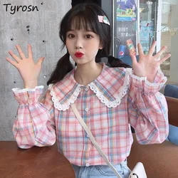 Peter Pan Collar Kawaii Shirts Women Sweet Plaid Girlish Temper Vintage Jaoanese Preppy Clothing Camisas Fashion Aesthetic Teens