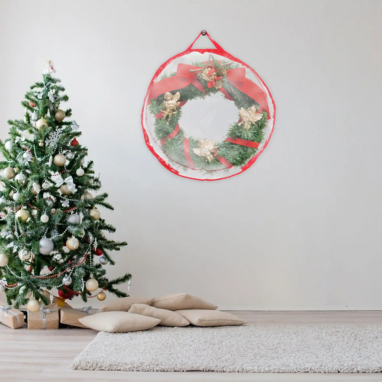 PVC Christmas Garland Storage Bag Large Capacity Round Wreath Holder with Handle Easy Carry Zipper for Wreath Gift Packaging