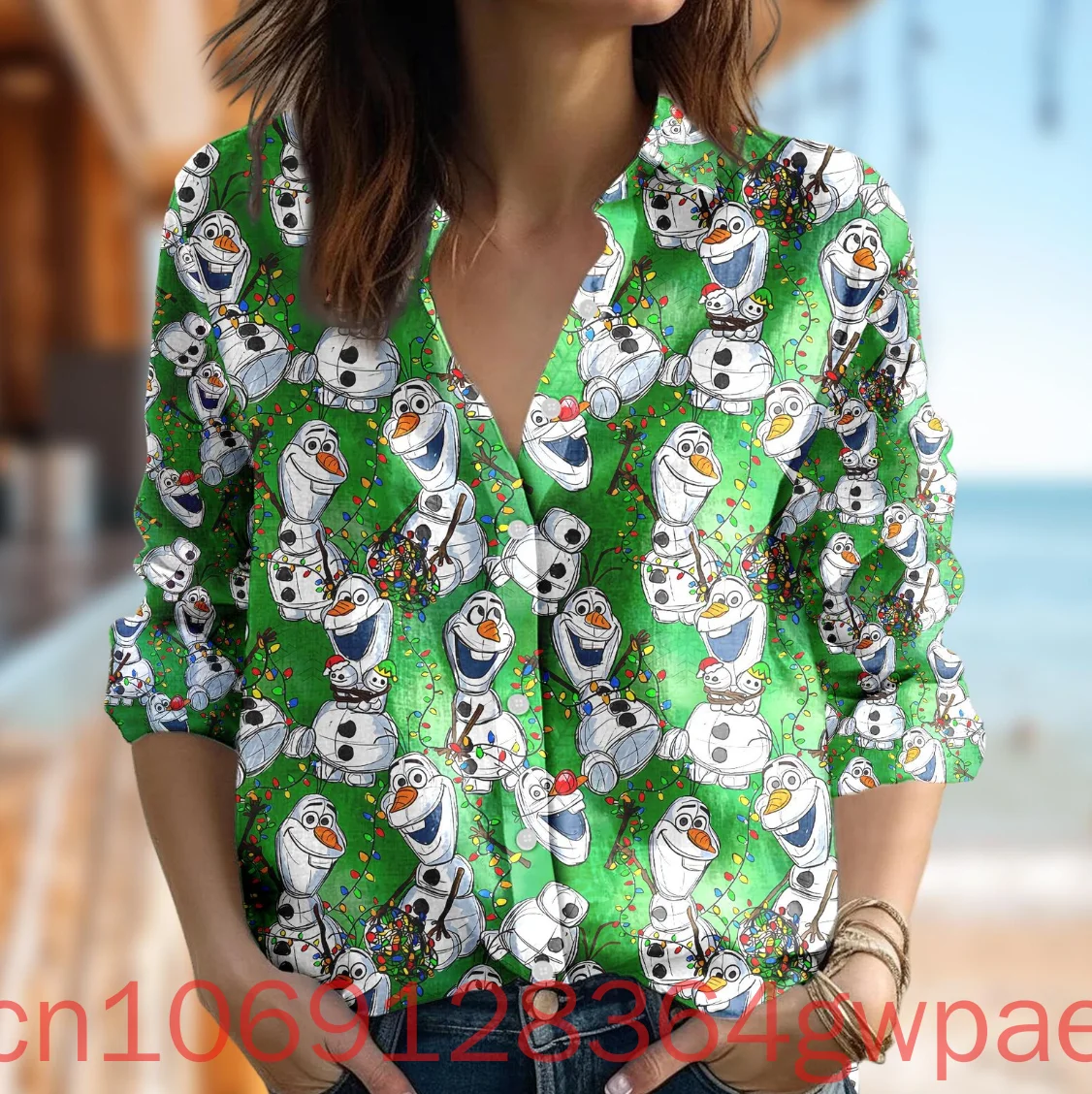 بلوزات ديزني ميكي النسائية قميص كاجوال بأزرار وأكمام طويلة قميص كارتوني أنيق ثلاثي الأبعاد مطبوع بالكامل قمصان علوية