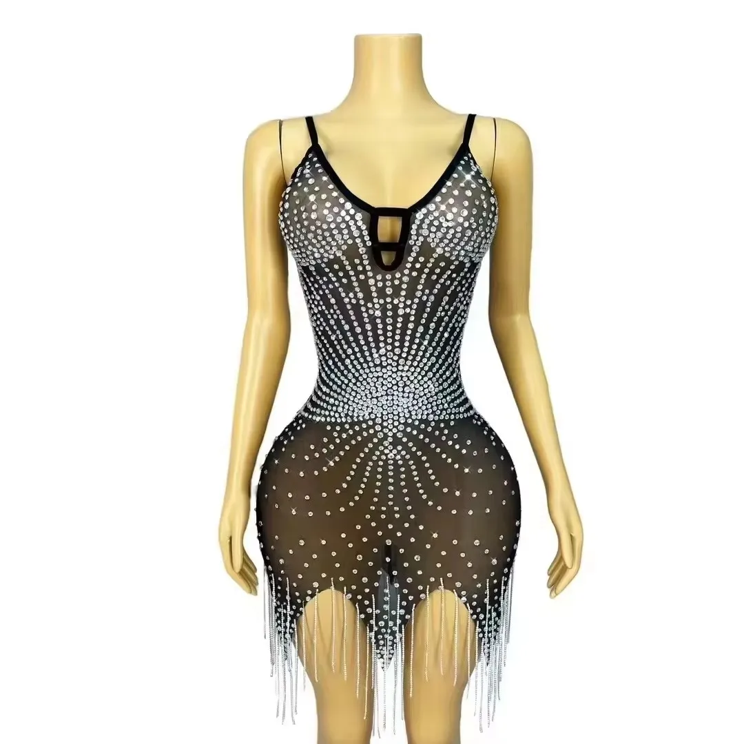 

Mesh Rhinestones for Women Birthday Party Club Rave Outfit Singer Stage Costume Fringe Sling Short Dress Sexy Transparent Black