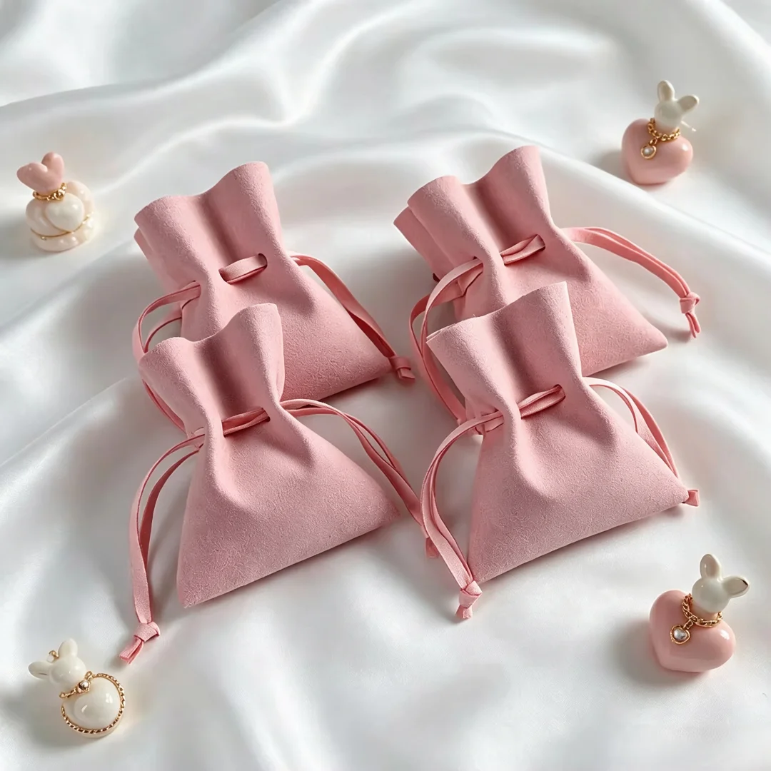 10 Stück rosa Mikrofaser-Schmuckbeutel mit Kordelzug, Verpackungsbeutel im Pilz-Stil für Halsketten, Ohrringe, Geschenke, Partyzubehör