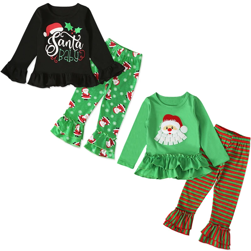 2023 Kids Girls Christmas Costume Set Toddler Long Sleeve Santa Top + Bell-bottom Pants 2 Piece Sets Cute Baby Girl Outfit Set