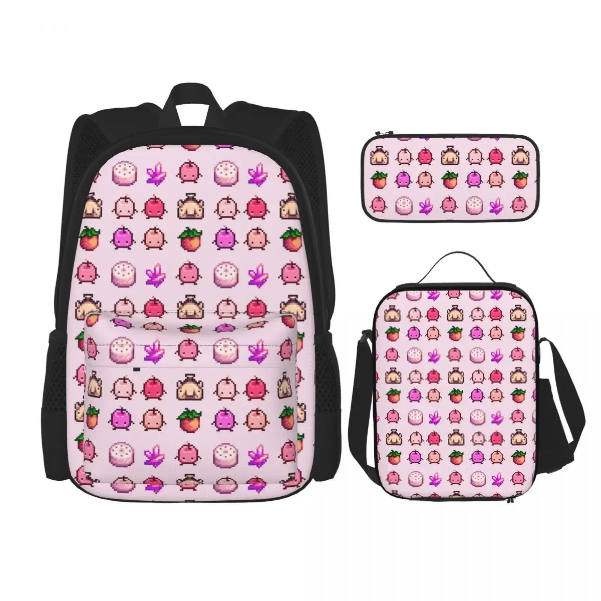 Stardew Valley Pink Junimo Set Backpacks Bookbag Students School Bags Cartoon Kids Rucksack Lunch Bag Pen Bag Three-Piece Set