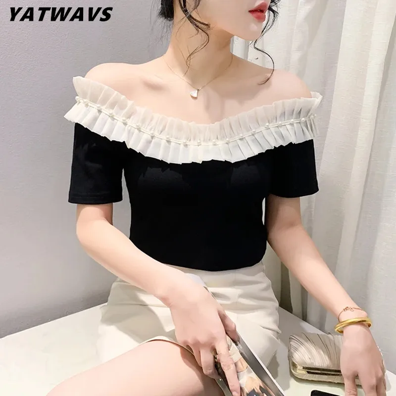 

Summer Chic Sexy Off Shoulder T-Shirt Fashion Women Slash Neck Ruffled Beading Tops New Short Sleeve Casual Slim Tees Clothes