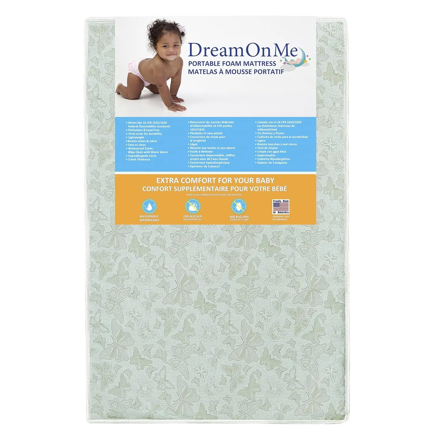 

Dream On Me Butterfly 3” Two-Sided Fiber Portable/Mini Crib Mattress, Greenguard Gold Certified, Waterproof Dual-Sided