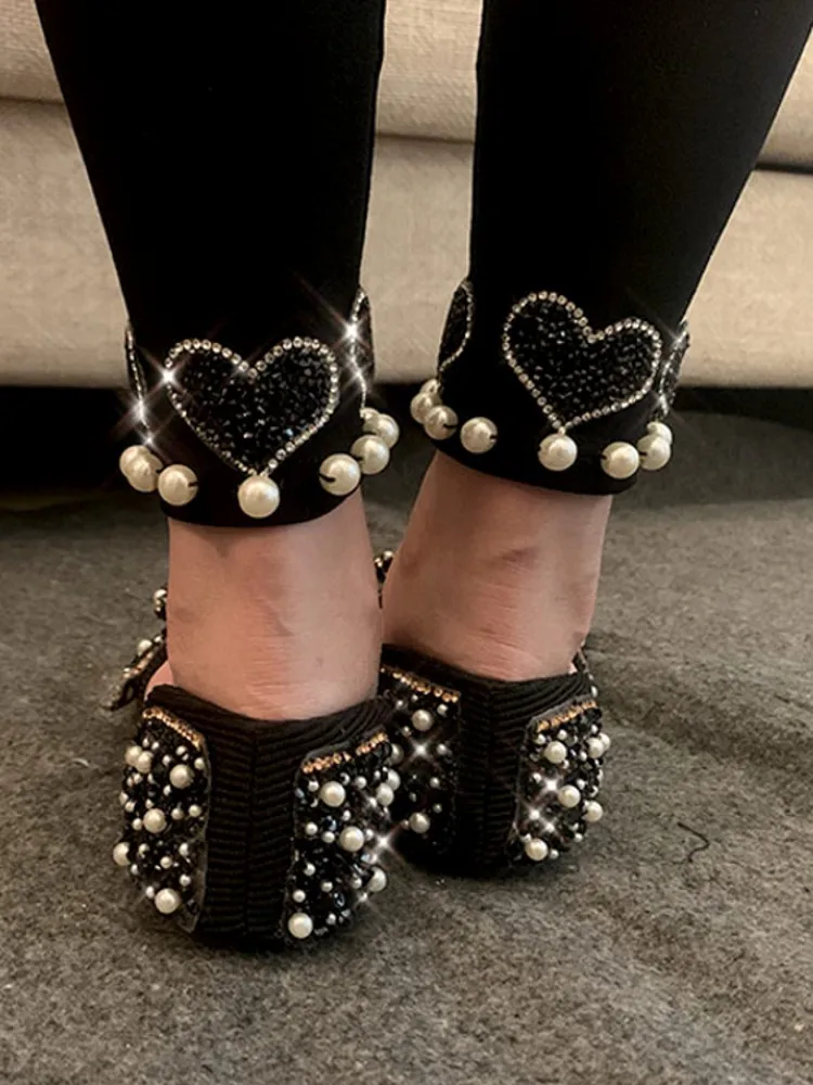Women Casual High Waist Stretchy Skinny Pants Shiny Diamonds Pearls Beading Winter Fleece Liner Pencil Pants Streetwear Trousers