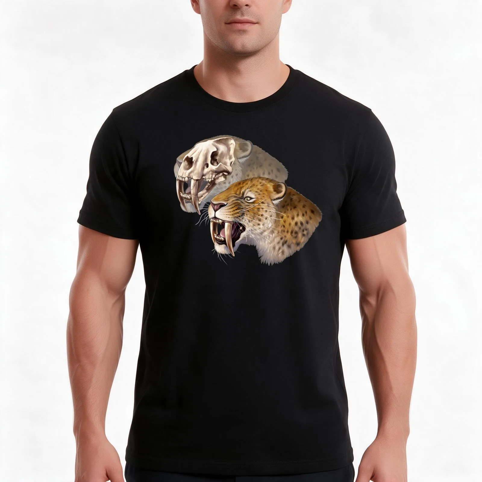Sabre-toothed Cat (Smilodon fatalis) T-Shirt, Summer Casual Cotton Tee, Oversized Streetwear Tops, Vintage Graphic Print