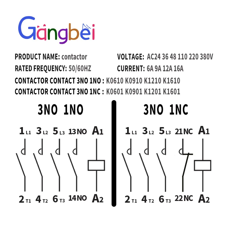 Mini AC Contactor, CJX2-K0910, K0901, K1210, K1201, K1610, 3main 1NO/3main 1NC Coil Voltage,230V, 50Hz,60Hz,9A,12A,16A 110V,24V