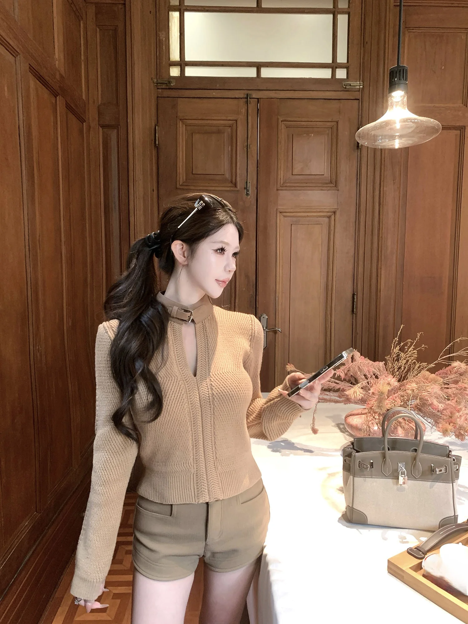 

Kubiliv Vintage Loose Feel Hollow out Leather Insert Knitwear Long Sve Slim Fit Stand Collar Top Korean Sle Commute Faion