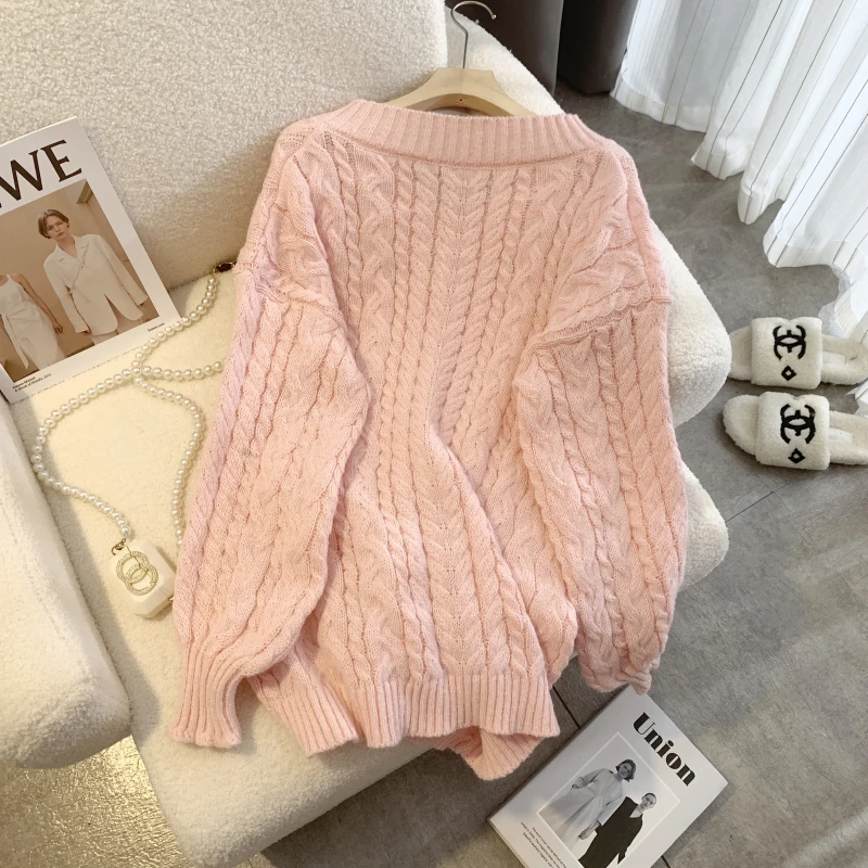 Women\'s Pink Bow Pullover Knitted Sweater Harajuku Aesthetic Y2k Long Sleeves V-Neck Sweaters Vintage 2000s Clothes Autumn 2024