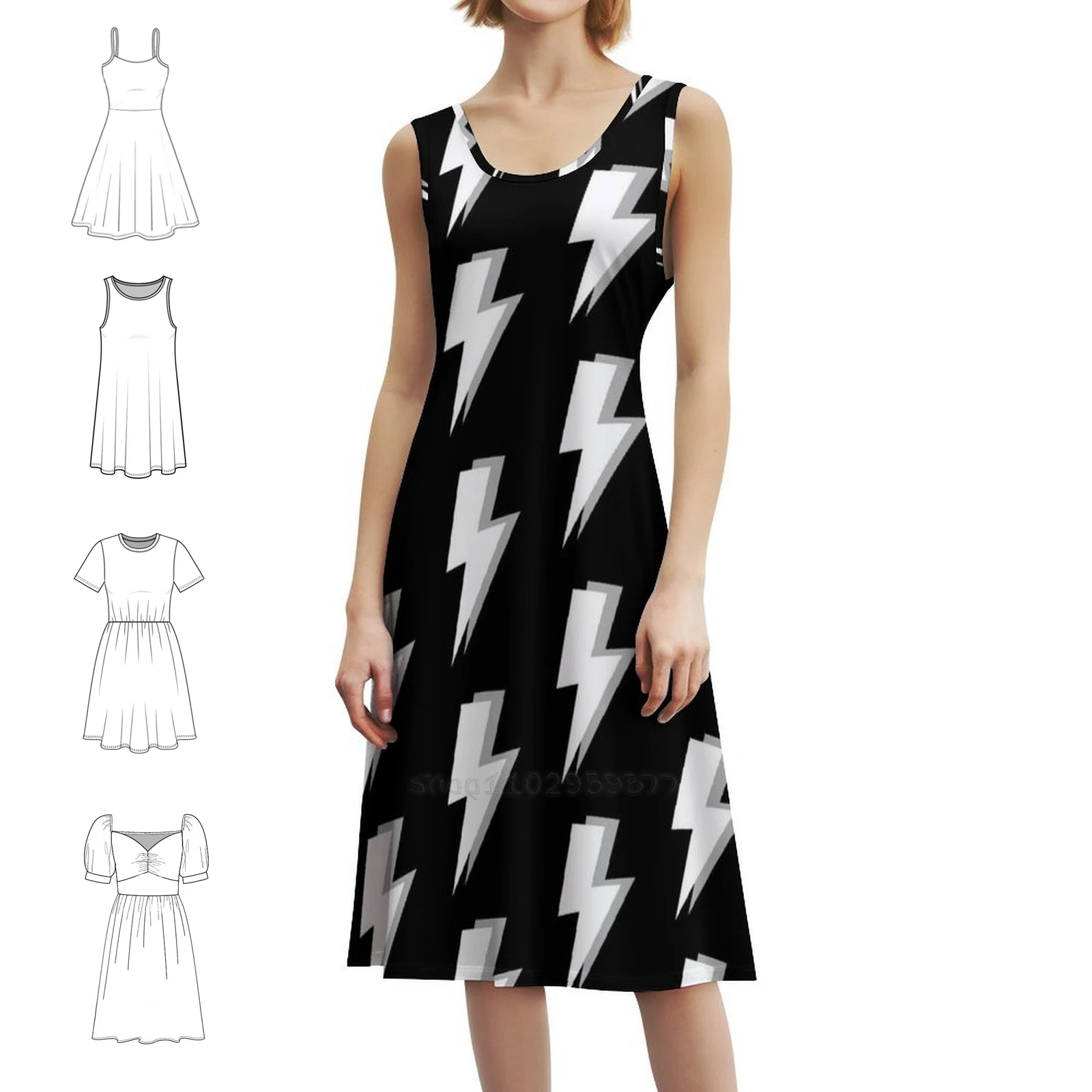البرق الأبيض والرمادي على خلفية سوداء فستان بخط عنق على شكل قلب فستان أنيق للحفلات الصيفية للنساء باللونين الأبيض والرمادي #1