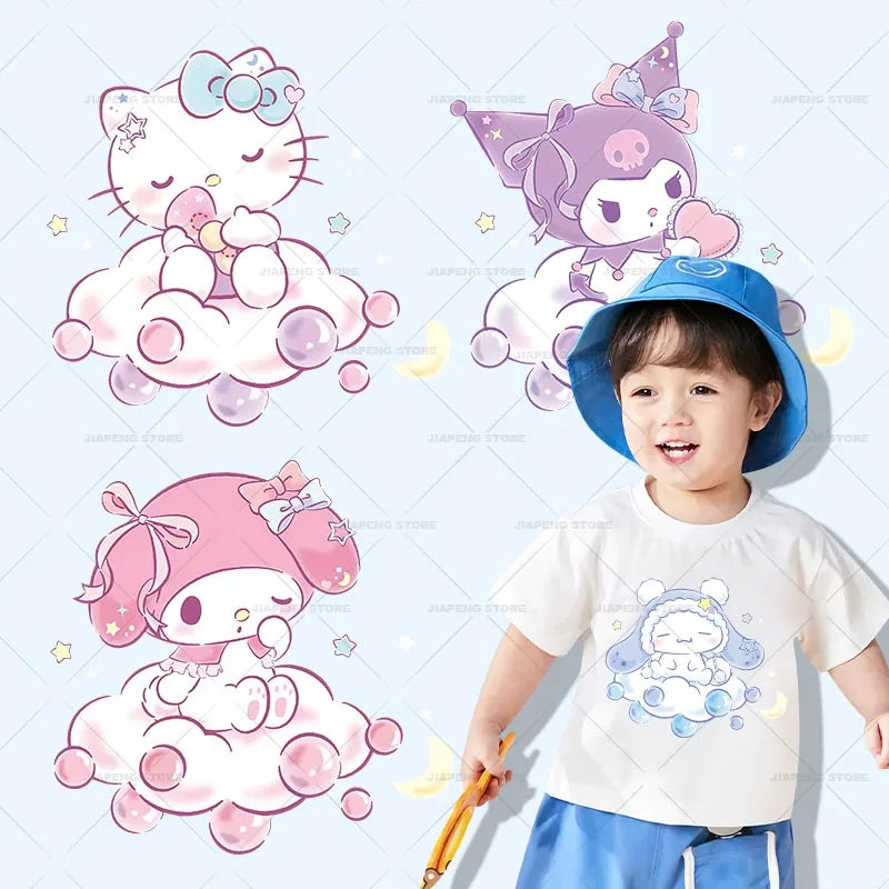 Sanrio Hello Kitty Iron on Patches Heat Transfers For Clothes Cinnamoroll Cloud Printed Thermal Stickers on T-shirt DIY