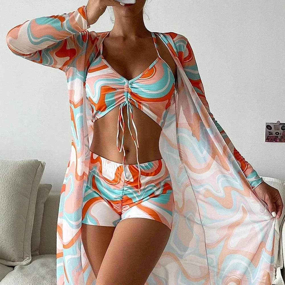 New Summer Women Sexy 3 Pieces Suit Floral Print Swimwear Drawstring Bikini SeT Holiday Beachwear Bodysuit Overall Swimsuit