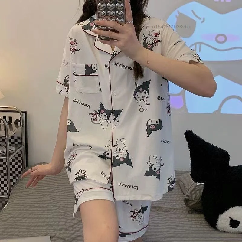 Sanrio Kuromi Pajamas Women\'s Summer Short Sleeve Shorts Cute Cartoon Japanese Anime Pattern Home Clothes Y2k Female Sleepwear