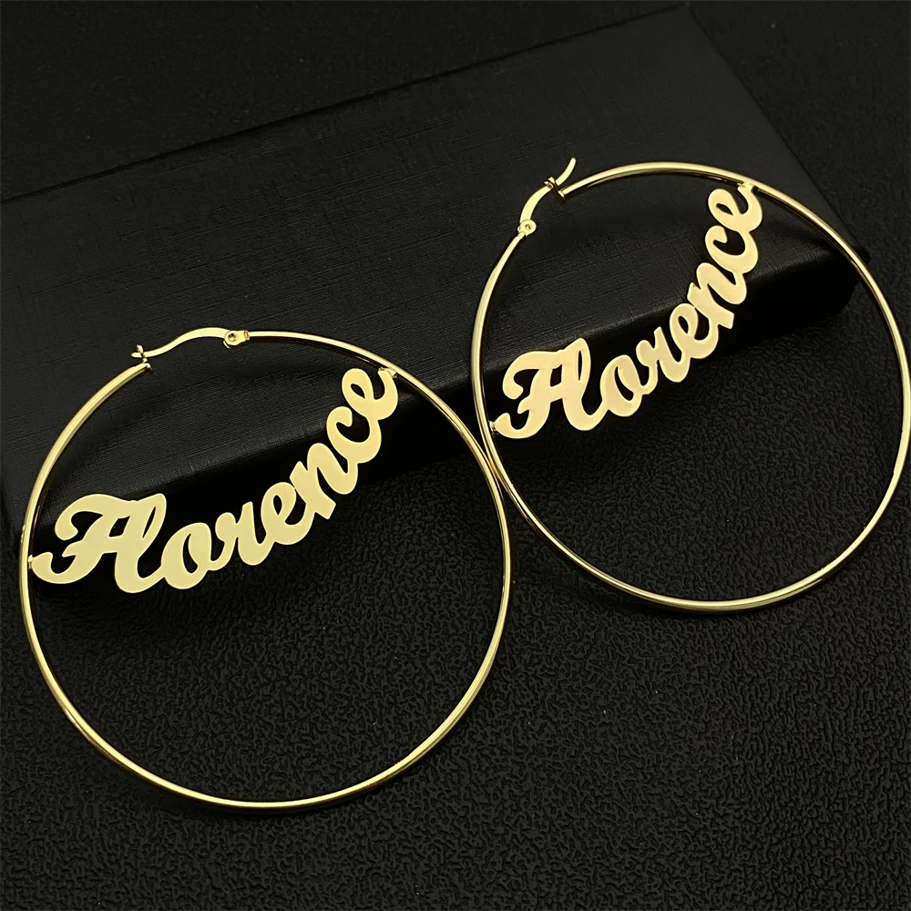 Personalized Hoop Name Earrings Custom Gold Rose Silver Circle Big Nameplate Women Daughter Wife Name Earring Gift for Her