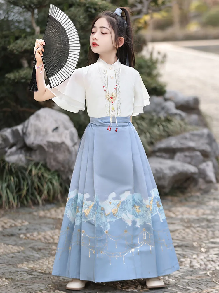 신상품 중국풍 말얼굴 스커트 여아용 고대 의상 투피스 한복 드레스 세트 어린이 생일 선물 코스프레