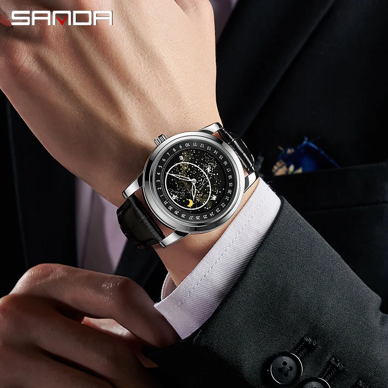 SANDA7002 Reloj de cuarzo para hombre con fase lunar y cielo estrellado, luminoso, resistente al agua, diseño de galaxia, reloj de ocio para negocios a la moda