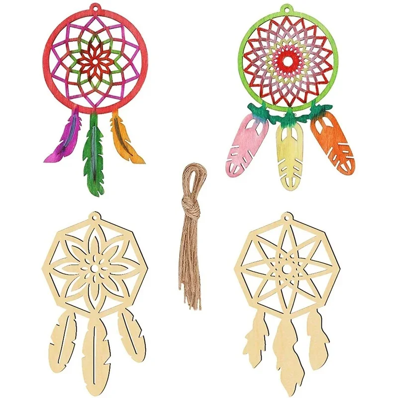 24Pcs Set Feather Shape Wooden Dream Catcher Crafts, Hanging Ornament For Kids Diy Painting, Home Birthday Party Decoration Gift