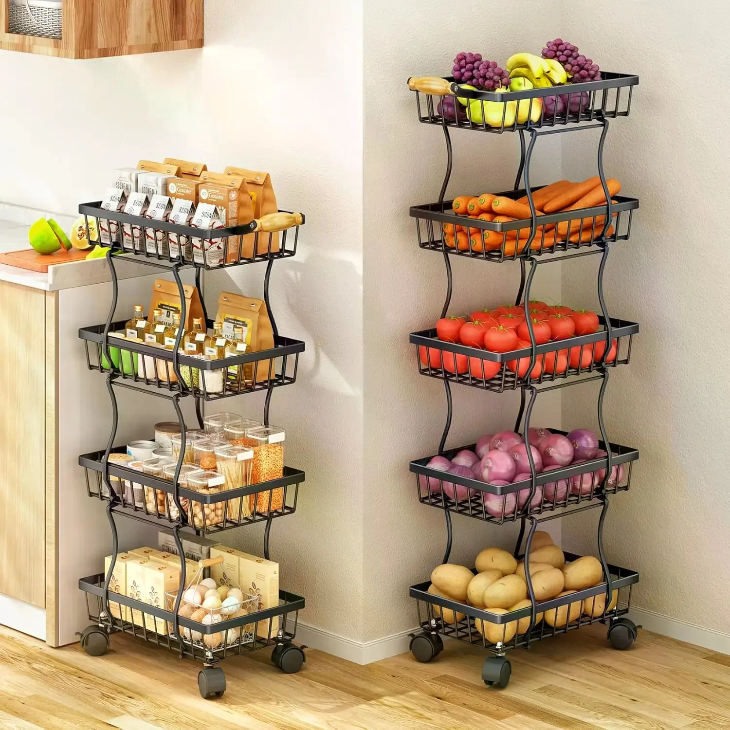Black Stackable Metal Wire Fruit Basket Organiser - 4/5-Layer Storage Organization Utility Cart with 4 High-Quality Casters, Cabinet-Rack for Fruits, Vegetables, Game Room, Bedroom